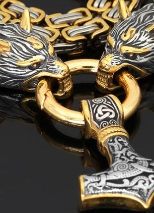 Мужская цепь ожерелье steel rage сталь gold 316l скандинавский волк молот тора 154 грамма 60 см4 фото