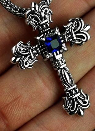 Срібний кулон хрест із цирконом blue rage
