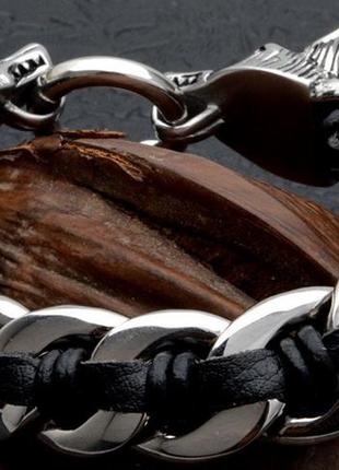 Мужской большой кожаный стальной браслет сталь 316l волк 22,5 см2 фото