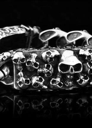 Мужской серебряный большой браслет байкерский черепа 117,5 гр 24 см1 фото
