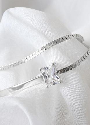Женский двойной серебряный браслет большой цирконий 17 см6 фото