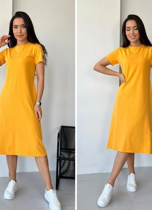 Легка жіноча подовжена сукня міді, трикотажна сукня насичено-жовтого кольору