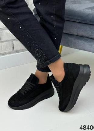 Жіночі натуральні замшеві кросівки чорного кольору, замшеві кросівки з перфорацією7 фото