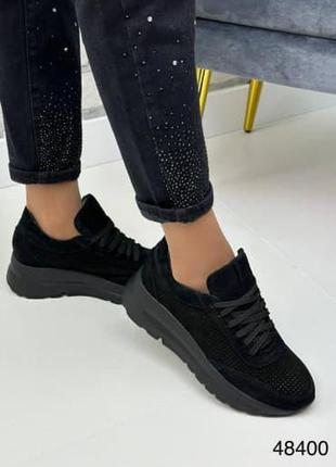 Жіночі натуральні замшеві кросівки чорного кольору, замшеві кросівки з перфорацією8 фото