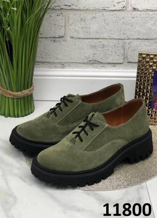 Трендові натуральні замшеві туфлі оливкового кольору, жіночі туфлі на шнурівці5 фото