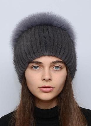 Женская зимняя норковая шапка шарик-бубон,разрез,большой(с песцом) ирис