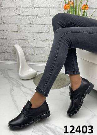 Жіночі натуральні шкіряні туфлі чорного кольору, шкіряні туфлі на шнурівці1 фото