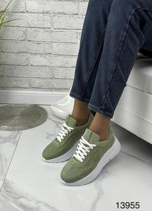 Жіночі натуральні замшеві кросівки оливкового кольору, замшеві кросівки на платформі2 фото