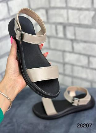 Жіночі натуральні шкіряні босоніжки темно-бежевого кольору, комфортні босоніжки з ремінцем...