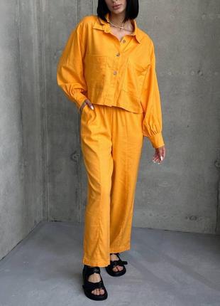 Натуральний жіночий повсякденний костюм помаранчевого кольору, льняний жіночий костюм: брюки та сорочка