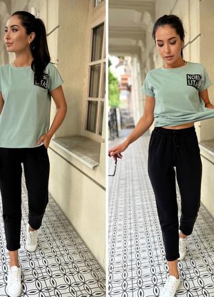 Жіночий повсякденний костюм, стильний жіночий костюм: брюки з футболкою в кольорах