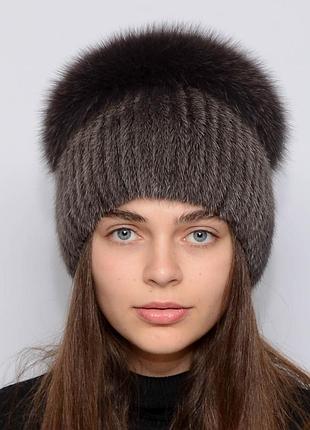 Женская зимняя норковая шапка шарик-бубон,разрез,большой(с песцом) кофе