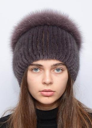 Жіноча зимове норкова шапка кулька-бубон,розріз,великий(з песцом) чайна троянда