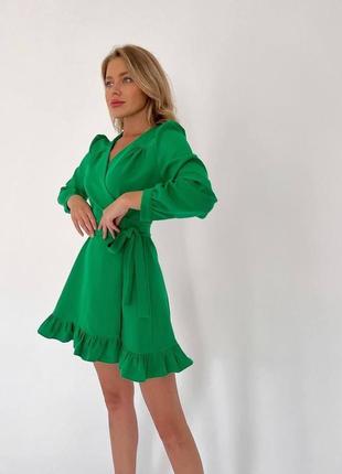 Женское короткое платье на запах с поясом длинный рукав5 фото