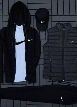 (п) комплект із жилеткою nike (худи на змійці+штані+футболка біла+кепка+жилетка)