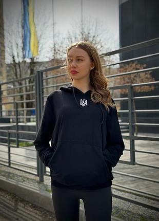 Жіночий демісезонний худі з гербом чорний (двонитка)🇺🇦