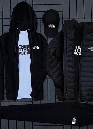 (п) фліс комплект з курткою the north face (худи на змійці+штани+футболка+кепка+куртка)