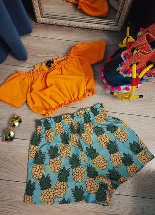 Летние яркие шортики с ананасами, высокая талия, пляжные сочные стиль zara6 фото
