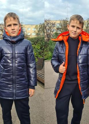 Детская зимняя удлиненная куртка пуховик для мальчика pleses, цвет синий с оранжевым, размеры 134-164