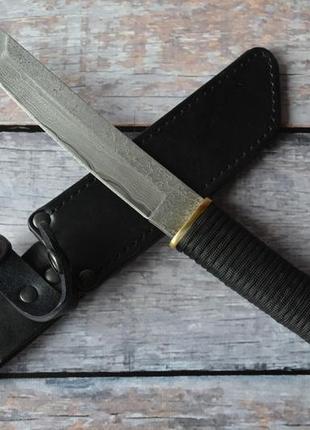 Нож нескладной в стиле танто дамаск, с темляком и кожаным чехлом в комплекте