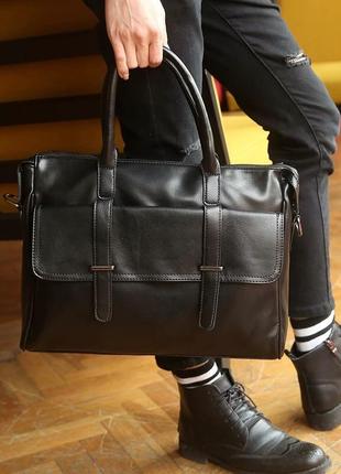 Мужская городская кожаная винтажная чёрная модная сумка портфель3 фото