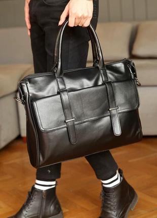 Мужская городская кожаная винтажная чёрная модная сумка портфель4 фото