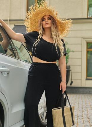 Костюм брючный батал топ на резинке с завязками рукав фонарик короткий брюки широкие свободные талия на резинке ткань американский креп