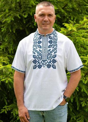 Льняная мужская вышиванка с коротким рукавом, белая рубашка1 фото