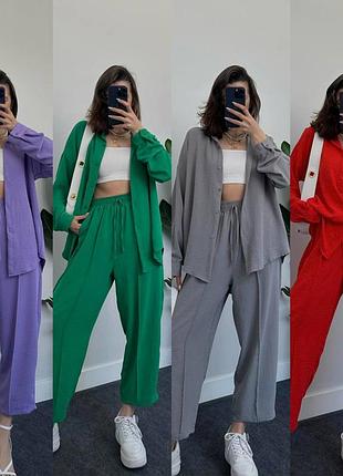 8 цветов костюм брючный oversize - полные широкие брюки со строчкой и рубашки, рубашка, креп жатка