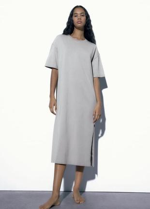 Плотное хлопковое платье-футболка zara с разрезами платья миди оверсайз3 фото
