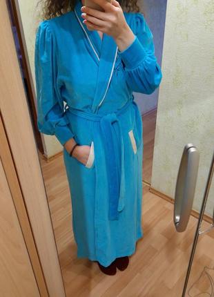 Винтажный велюровый бархатный халат макси нагеш голубо-бирюзового цвета размер 50 см8 фото