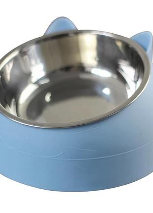 Миска для собак та котів нержавіюча в підставці з вушками блакитна2 фото