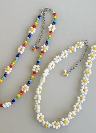 Браслет на руку ногу анклет ромашки цветочный из бисера цветы цветочки белый разноцветный