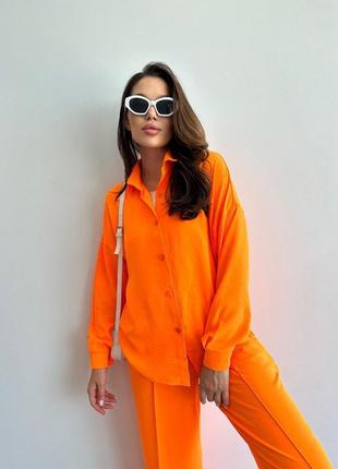 Комплект для ярких девушек 🔥 рубашка и брюки на шнуровке свободного кроя в цвете оранж 🔥3 фото