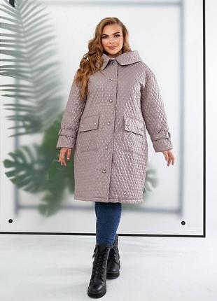 Шикарная удлиненная стёганая курточка куртка с капюшоном большого размера батал черная коричневая зелёная осенняя весенняя теплая пальто пуховик