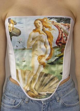 Вінтажний корсет венера на шнурівці, білий корсет з картиною venus sandro botticelli2 фото