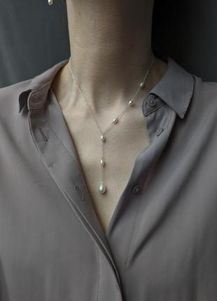 Серебряное украшение на шею из натуральным жемчугом, колье из серебра, серебряная цепочка