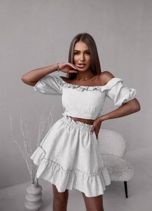 🌸костюм двійка:кроп-блуза з рукавом ліхтарик +спідниця  на гумці 🌸42-44 44-46