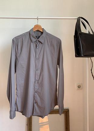 Базовая серая хлопковая рубашка h&m fine cotton stretch