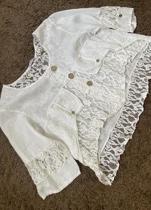 Блуза белая лен ажурная1 фото
