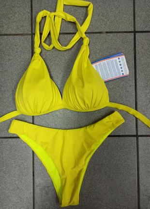 Желтый купальник треугольника бразилианки плавки раздельный купальник на шею