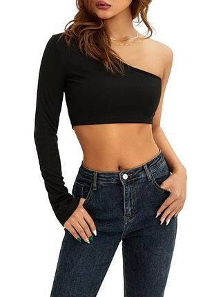 Актуальний вкорочений асиметричний чорний топ missguided лонгслів футболка з відкритим плечем