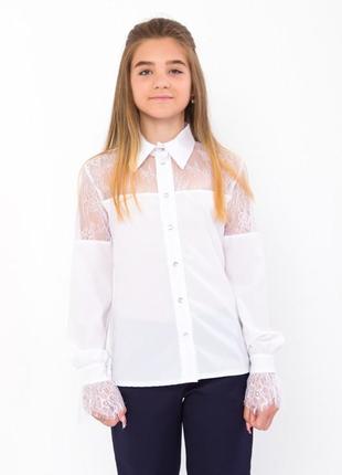 Подростковая детская белая блуза с ажурными рукавами для школы, школьная блузка, школьная рубашка с кружевными рукавами, блуза с кружевом2 фото
