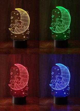 3d светильник-ночник «мишка на луне» 168-a15, 7 цветов