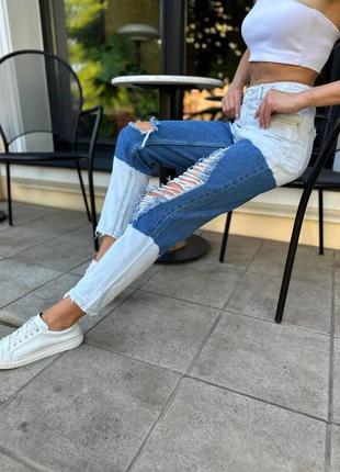 Женские двухцветные джинсы джинсы женские двухцветные с разрезом на ножке отличный вариант на лето6 фото