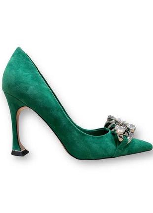 Жіночі святкові зелені туфлі на підборах зі стразами натуральна замша tl3115-9-2 sasha fabiani 2122