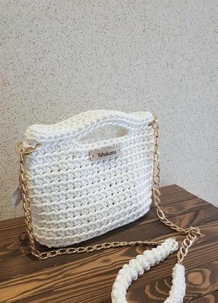 Сумка кора вязаная средняя молодежная  белая ручная работа