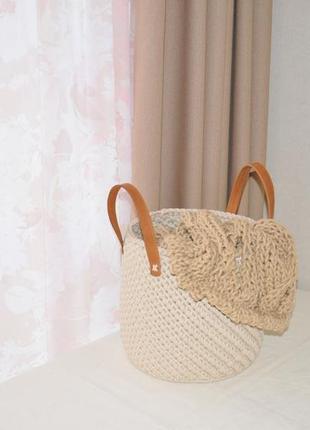 Корзина большая круглая вязаная с ручками handmade слоновая кость