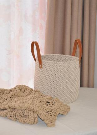 Корзина большая круглая вязаная с ручками handmade слоновая кость