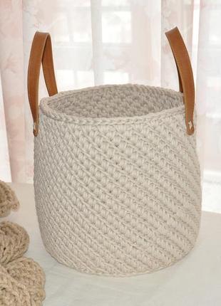 Корзина большая круглая вязаная с ручками handmade слоновая кость